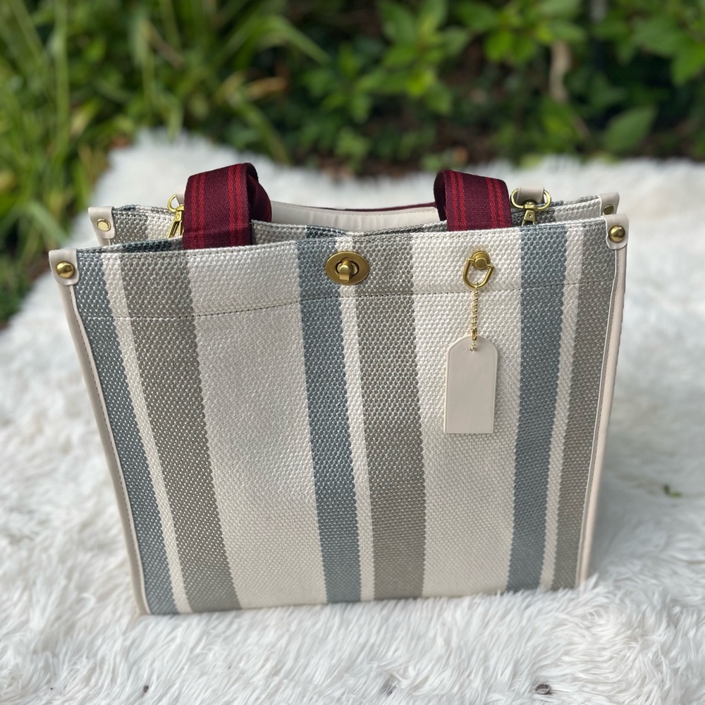 🆕 Striped Canvas Tote Bag with Burgundy Handles and guitar strap